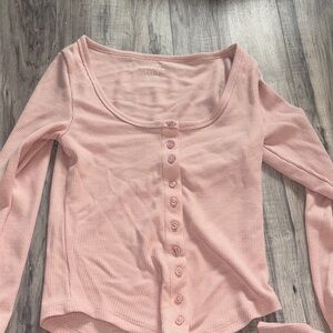 American Eagle Outfitters Pink Ribbed Button-Down Shirt